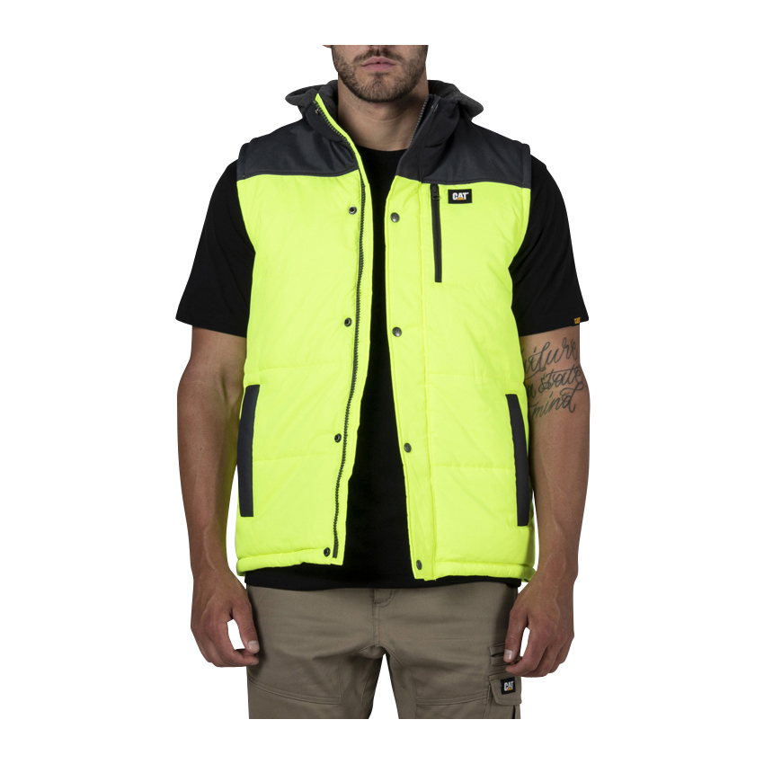 Caterpillar Men's Hi Vis Hooded Work Vests Yellow/Black CAT-62815